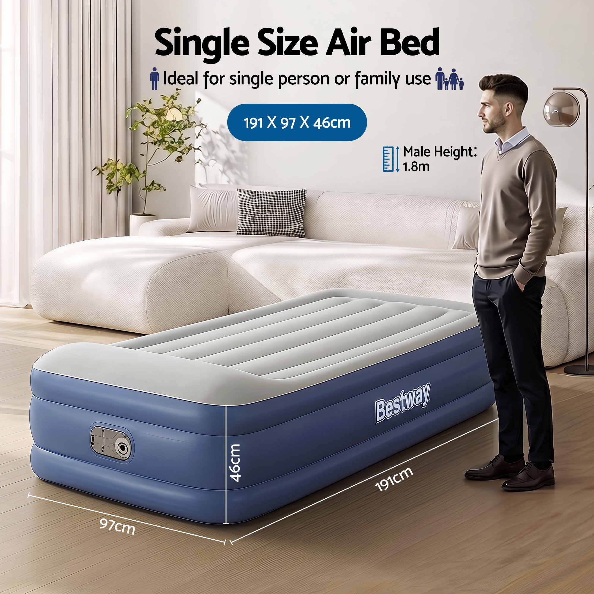 BW-BED-D-67628 Bestway Single Inflatable Air Mattress Bed w/ Built-in Pump 240Volt BW-BED-D-67628 Bestway Single Inflatable Air Mattress Bed w/ Built-in Pump 240Volt