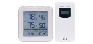 Monitor indoor and outdoor temperatures with this self standing desk monitor (can also be wall mounted). The easy to read screen lights up at a touch providing a quick snapshot of conditions including temperature, humidity and comfort levels. Plus up/down trend indicators. Clock and calendar also provided. Requires 2xAAA batteries in base station and 2xAA batteries in remote sensor. Range 60m open air.