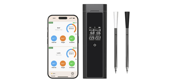 X7019 This smart wireless Bluetooth meat thermometer provides an easy way to monitor internal meat temperatures while cooking your favourite roast or smoked BBQ recipes. Ideal for hosting and parties when multiple meats are cooking as this thermometer has two probes, so you can monitor up to 2 meats at a time. This smart wireless Bluetooth meat thermometer provides an easy way to monitor internal meat temperatures while cooking your favourite roast or smoked BBQ recipes. Ideal for hosting and parties when multiple meats are cooking as this thermometer has two probes, so you can monitor up to 2 meats at a time.