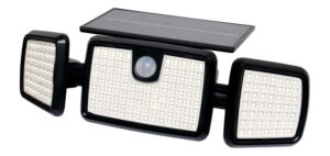 X2384 600 Lumen Solar Powered Security Sensor Floodlight, This compact motion activated solar powered flood light provides light wherever you need it due to its adjustable LED panels and cable free solar battery design. Ideal for lighting up your driveway at night when motion is detected. Provides up to 80 square metres light coverage with 600 lumen output. Each side LED panel can be rotated and angled independently of the central panel which is adjustable up to 90°. Requires no wiring - just screw it to the wall! The solar panel will recharge the internal 1800mAh battery during the day and activate at night with your chosen lighting mode.