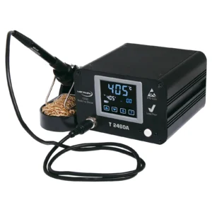 Soldering Iron Station 100W With Touchscreen Micron T2460A A high power 100W benchtop 240V lead free soldering iron station for professionals and regular solderers! Touchscreen temperature control with presets. Supplied with fine 0.8mm round tip for soldering small pad sizes.