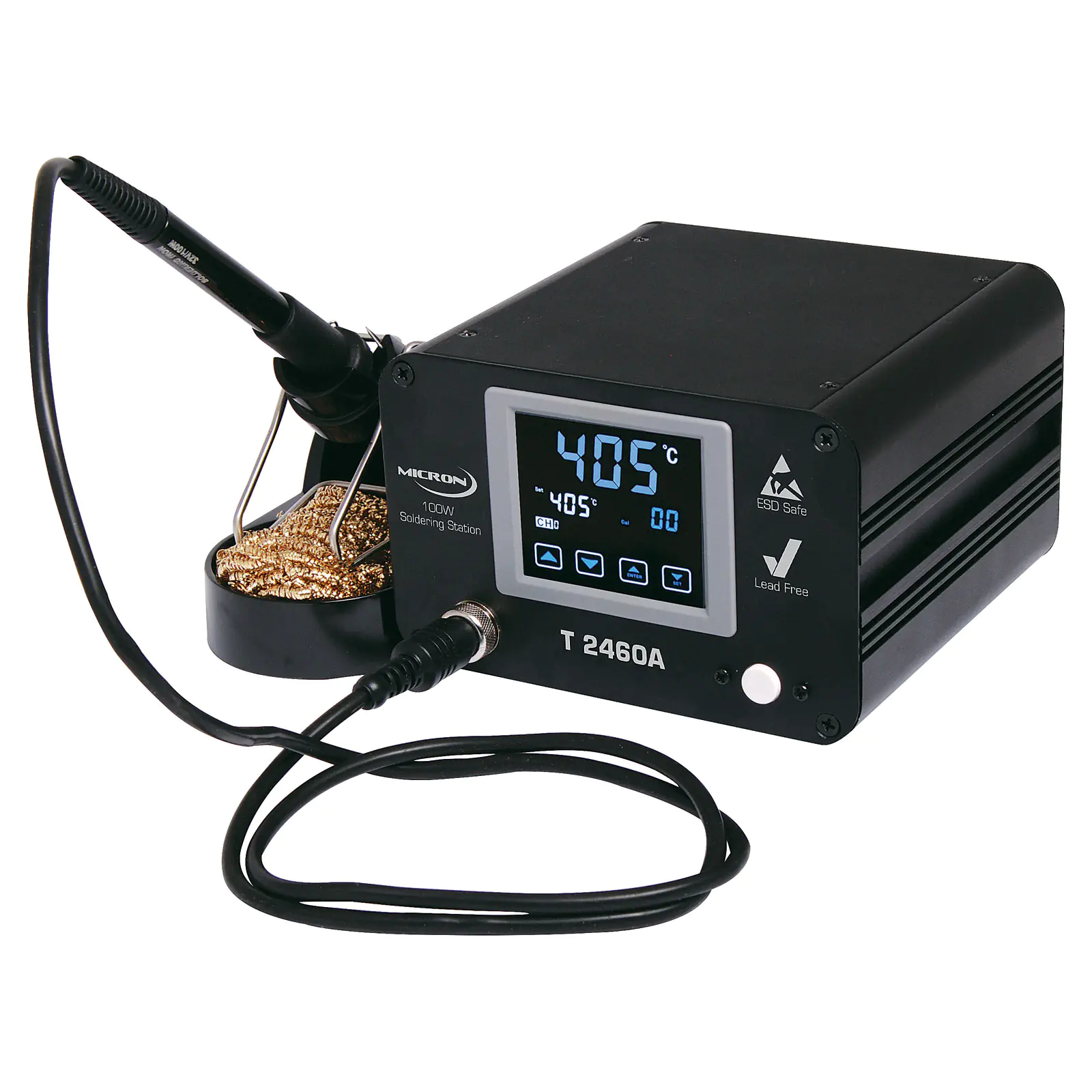 Soldering Iron Station 100W With Touchscreen Micron T2460A A high power 100W benchtop 240V lead free soldering iron station for professionals and regular solderers! Touchscreen temperature control with presets. Supplied with fine 0.8mm round tip for soldering small pad sizes. Soldering Iron Station 100W With Touchscreen Micron T2460A A high power 100W benchtop 240V lead free soldering iron station for professionals and regular solderers! Touchscreen temperature control with presets. Supplied with fine 0.8mm round tip for soldering small pad sizes.